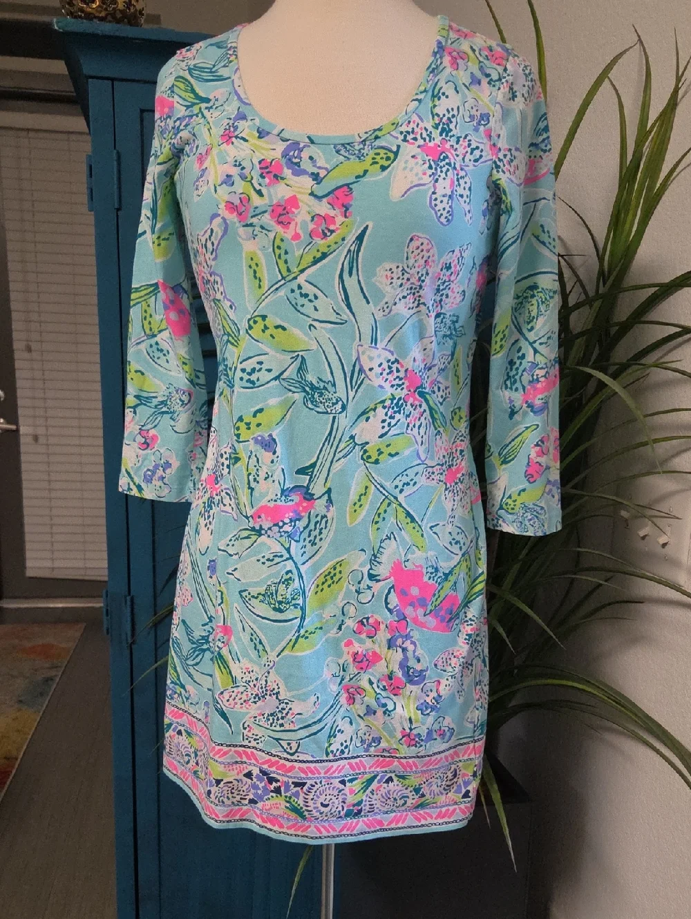 Lilly Pulitzer Light Blue Floral Midi Dress with Pink & Green Accents - Picture 7 of 9